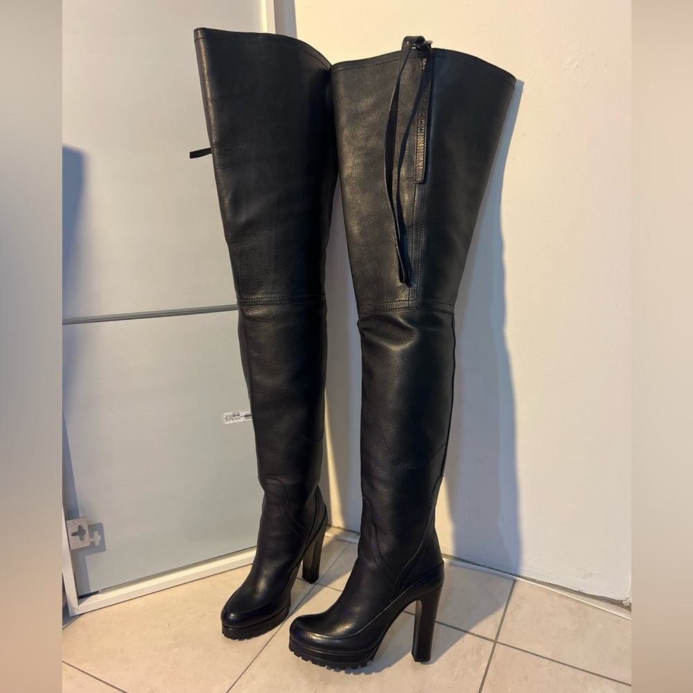 Prada Thigh High Heel Otk Waders Fisher Black Leather Boots Us7 Eu 37 Rare 2009